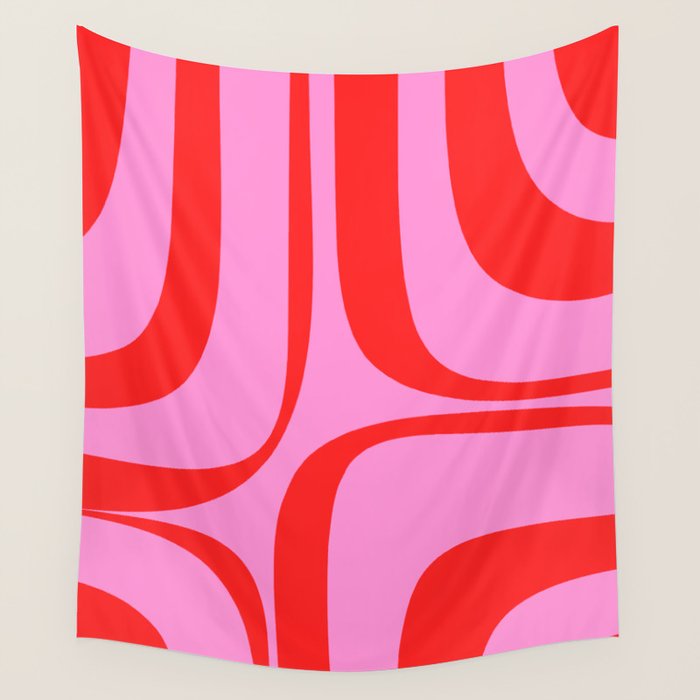 Retro Groove Abstract Pattern in Preppy Pink and Red Wall Tapestry Gallery Image 4