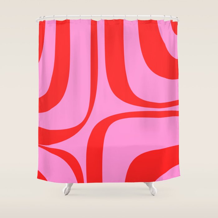 Retro Groove Abstract Pattern in Preppy Pink and Red Shower Curtain Gallery Image 1