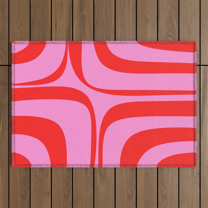 Retro Groove Abstract Pattern in Preppy Pink and Red Outdoor Rug Gallery Image 1