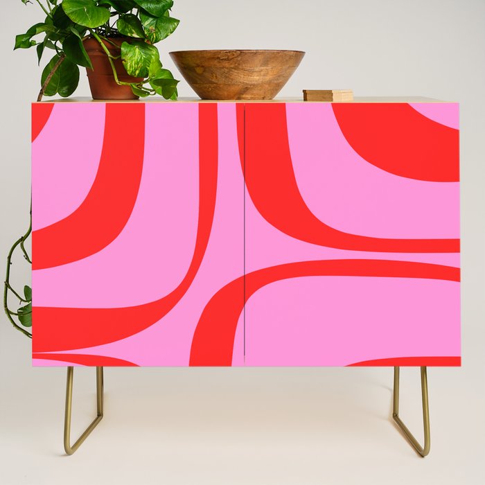 Retro Groove Abstract Pattern in Preppy Pink and Red Credenza Gallery Image 1