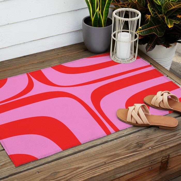 Retro Groove Abstract Pattern in Preppy Pink and Red Outdoor Rug Gallery Image 2