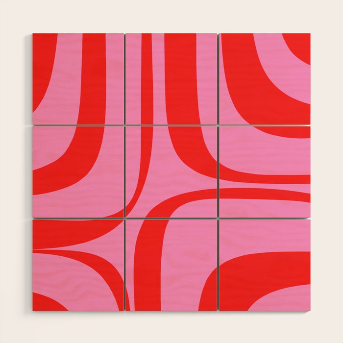 Retro Groove Abstract Pattern in Preppy Pink and Red Wood Wall Art Gallery Image 1