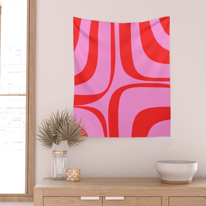 Retro Groove Abstract Pattern in Preppy Pink and Red Wall Tapestry Gallery Image 2