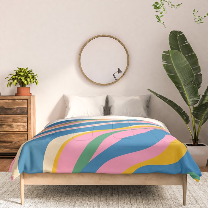 Trippy Dream Retro Pop Bright and Colourful Abstract Pattern Blue Pink Mustard Green Comforter Gallery Image 3
