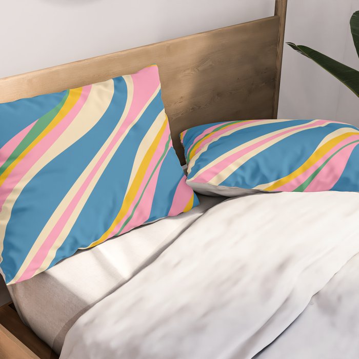 Trippy Dream Retro Pop Bright and Colourful Abstract Pattern Blue Pink Mustard Green Pillow Sham Gallery Image 2