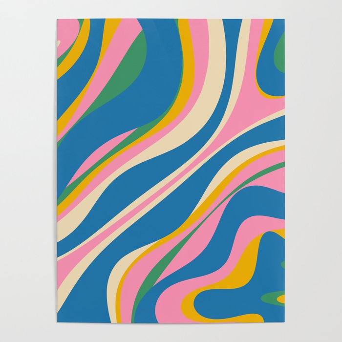 Trippy Dream Retro Pop Bright and Colourful Abstract Pattern Blue Pink Mustard Green Poster Gallery Image 1