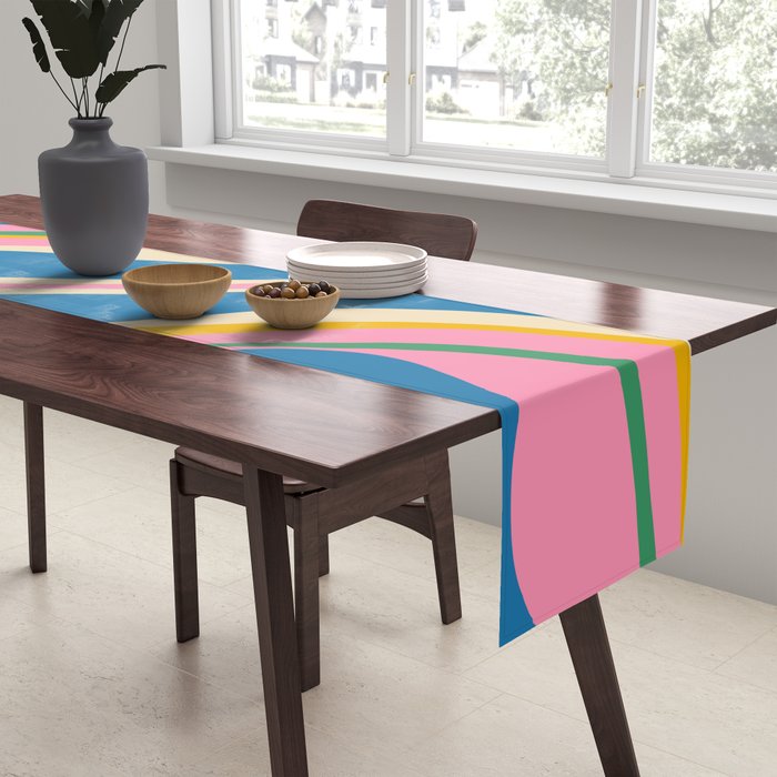 Trippy Dream Retro Pop Bright and Colourful Abstract Pattern Blue Pink Mustard Green Table Runner Gallery Image 2