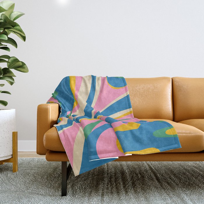 Trippy Dream Retro Pop Bright and Colourful Abstract Pattern Blue Pink Mustard Green Throw Blanket Gallery Image 1