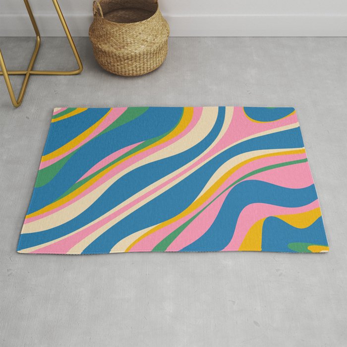 Trippy Dream Retro Pop Bright and Colourful Abstract Pattern Blue Pink Mustard Green Rug Gallery Image 1
