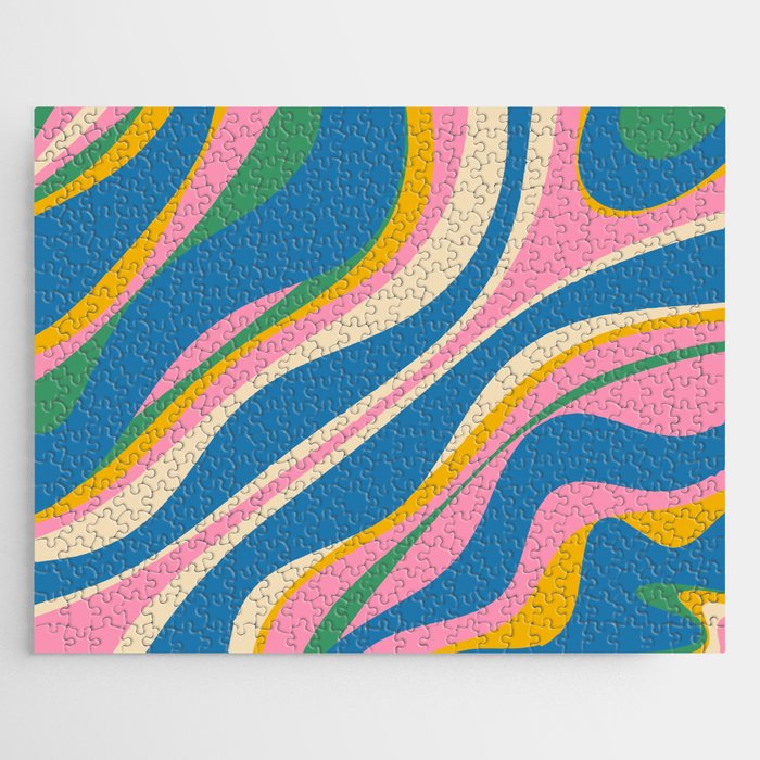 Trippy Dream Retro Pop Bright and Colourful Abstract Pattern Blue Pink Mustard Green Jigsaw Puzzle Gallery Image 1