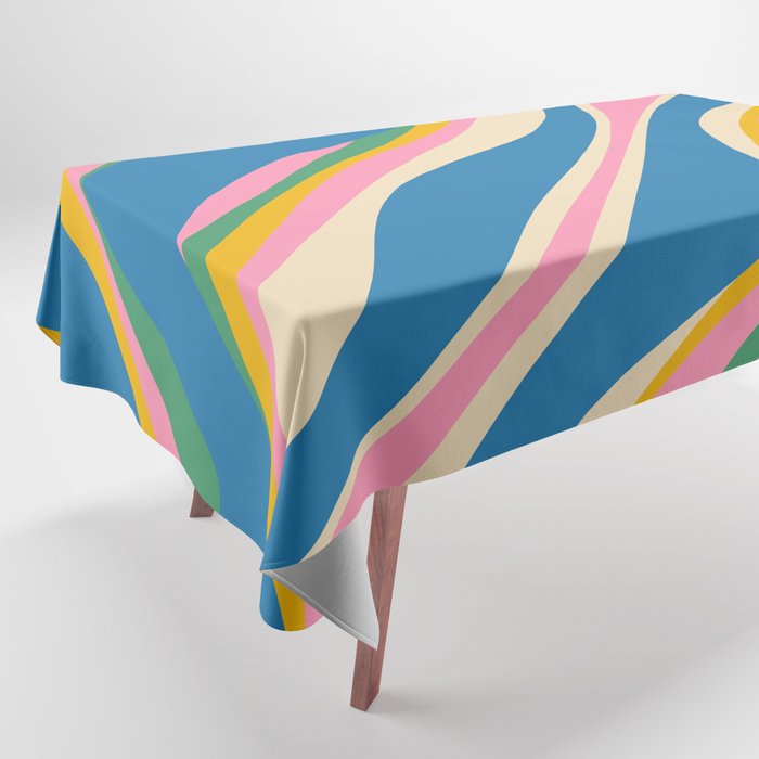 Trippy Dream Retro Pop Bright and Colourful Abstract Pattern Blue Pink Mustard Green Tablecloth Gallery Image 1