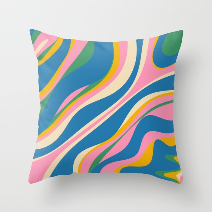 Trippy Dream Retro Pop Bright and Colourful Abstract Pattern Blue Pink Mustard Green Throw Pillow Gallery Image 1