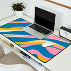 Trippy Dream Retro Pop Bright and Colourful Abstract Pattern Blue Pink Mustard Green Desk Mat Gallery Image 2