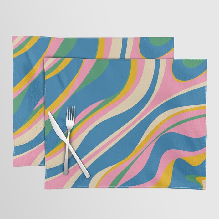 Trippy Dream Retro Pop Bright and Colourful Abstract Pattern Blue Pink Mustard Green Placemat Gallery Image 1