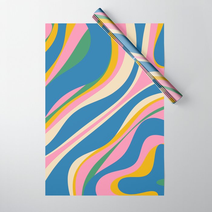 Trippy Dream Retro Pop Bright and Colourful Abstract Pattern Blue Pink Mustard Green Wrapping Paper Gallery Image 1