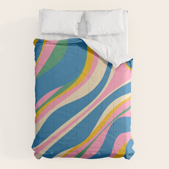 Trippy Dream Retro Pop Bright and Colourful Abstract Pattern Blue Pink Mustard Green Comforter Gallery Image 6