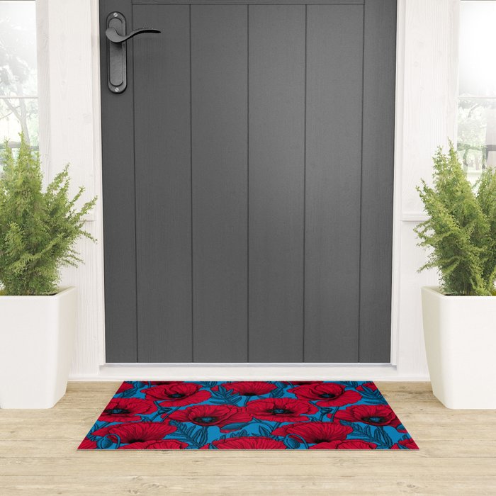 Red poppy garden on blue Welcome Mat Gallery Image 3