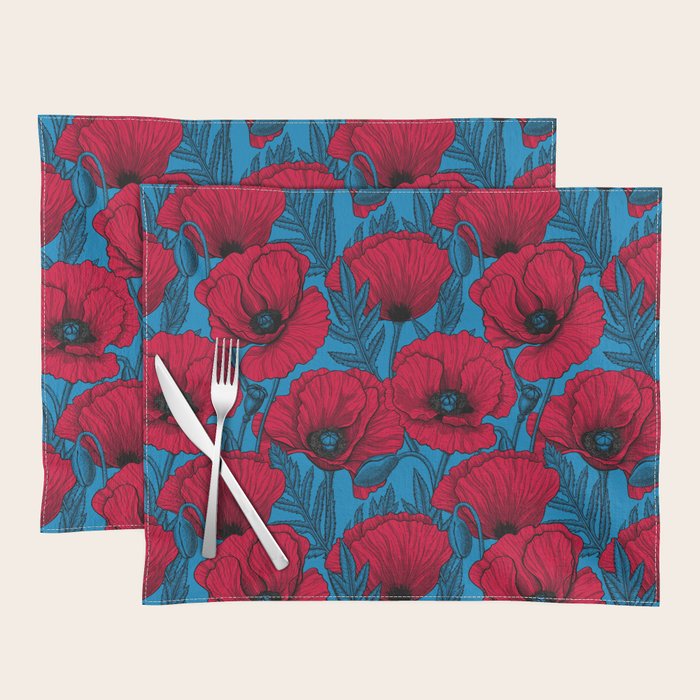 Red poppy garden on blue Placemat Gallery Image 1