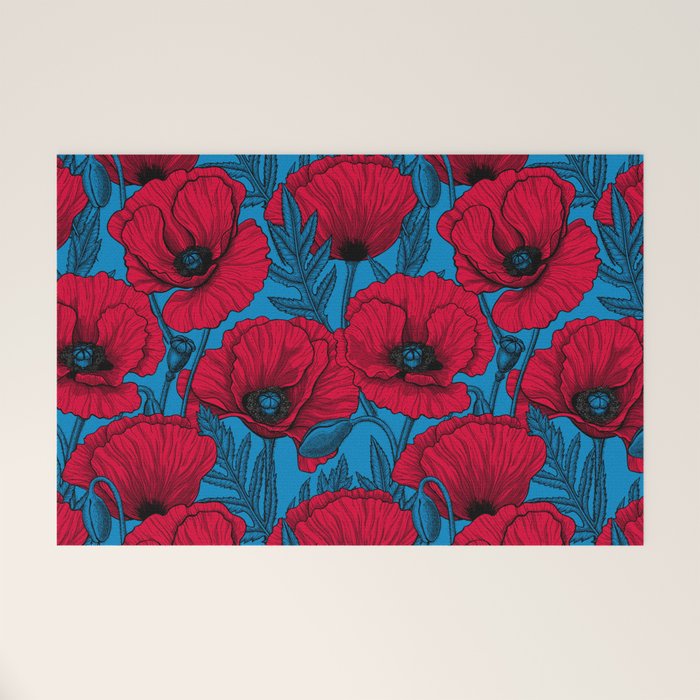 Red poppy garden on blue Welcome Mat Gallery Image 1