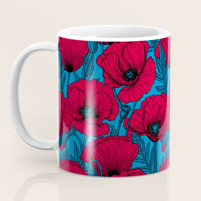 Red poppy garden on blue Coffee Mug Gallery Image 3