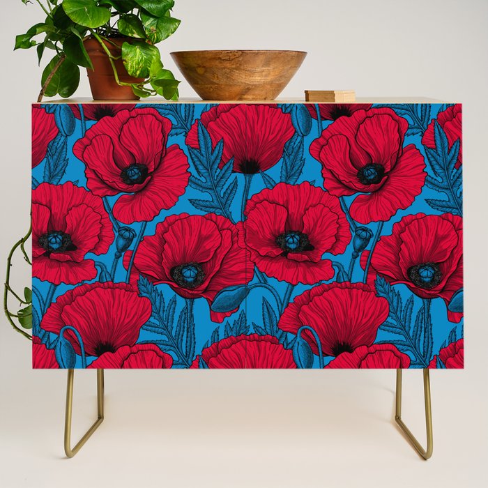 Red poppy garden on blue Credenza Gallery Image 1