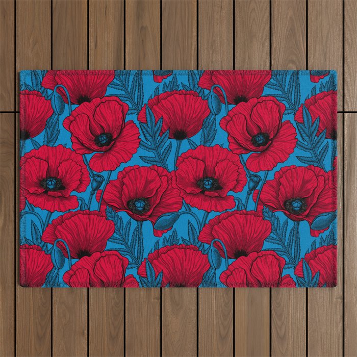 Red poppy garden on blue Outdoor Rug Gallery Image 1