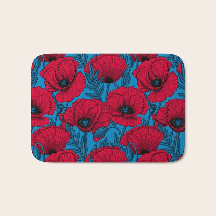 Red poppy garden on blue Bath Mat Gallery Image 1