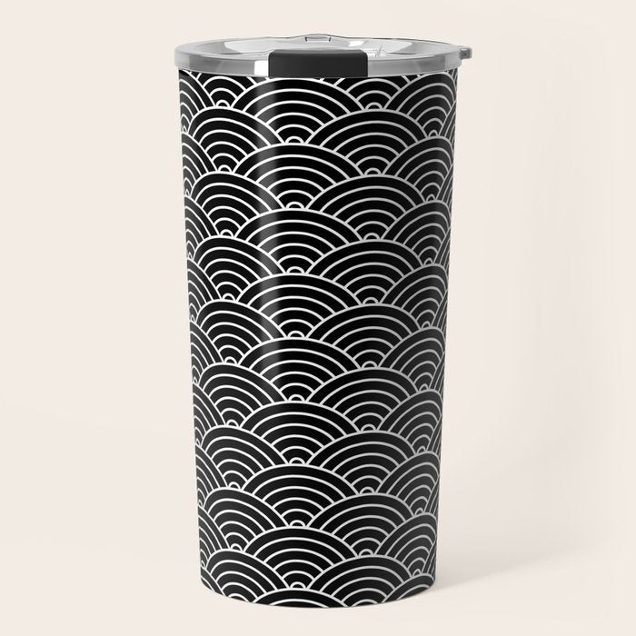 Japanese Waves Pattern Black on White Travel Mug Gallery Image 1