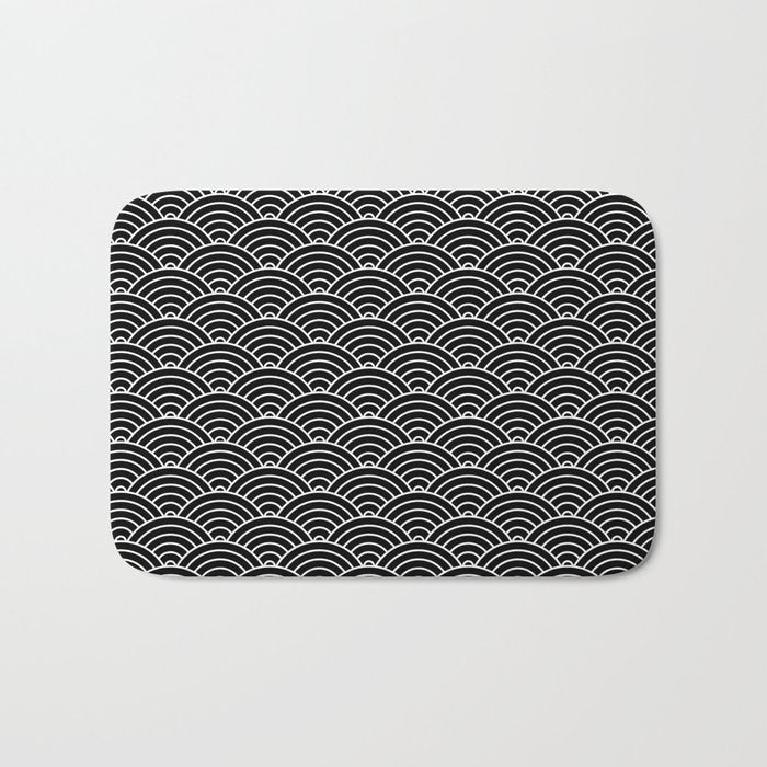 Japanese Waves Pattern Black on White Bath Mat Gallery Image 1