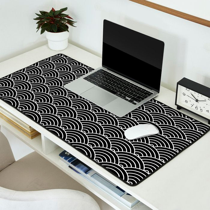 Japanese Waves Pattern Black on White Desk Mat Gallery Image 2