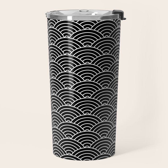 Japanese Waves Pattern Black on White Travel Mug Gallery Image 2