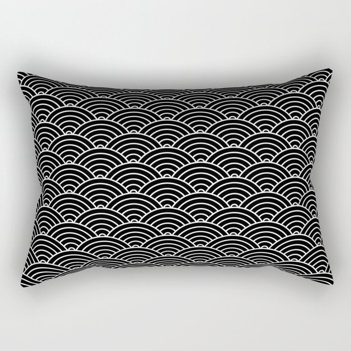 Japanese Waves Pattern Black on White Rectangular Pillow Gallery Image 2