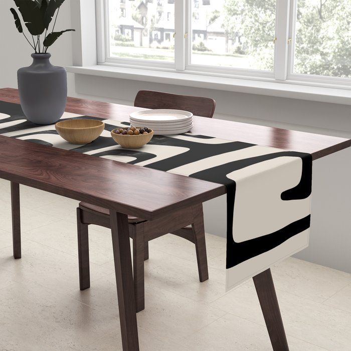 Mid Century Modern Cosmic Abstract 527 Black and Linen White Table Runner Gallery Image 2