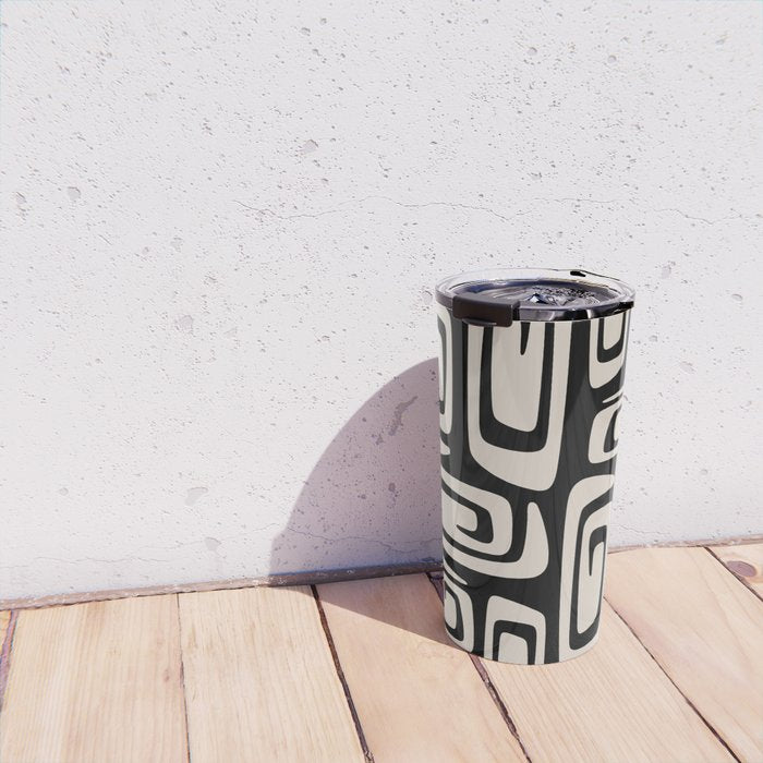 Mid Century Modern Cosmic Abstract 527 Black and Linen White Travel Mug Gallery Image 4