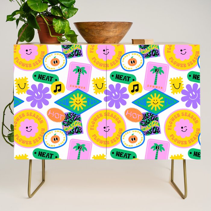 Retro funny sticker label cartoon pattern Credenza Gallery Image 1