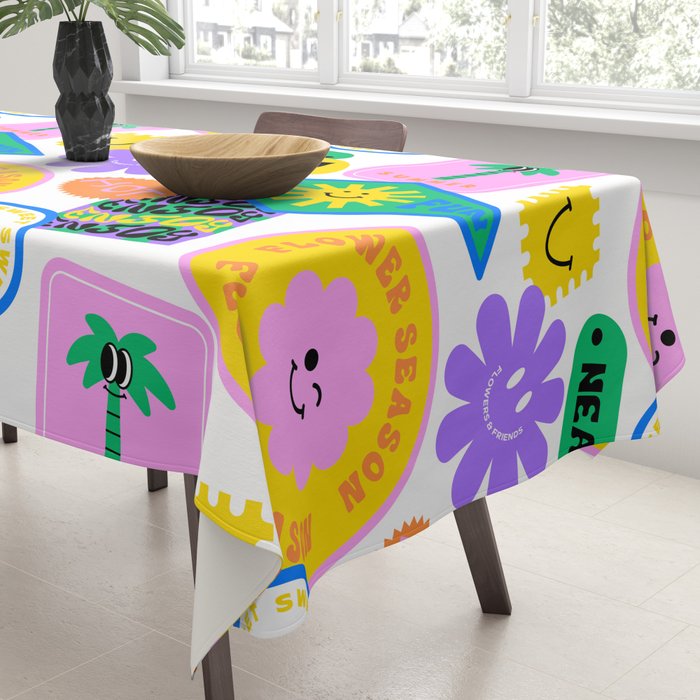 Retro funny sticker label cartoon pattern Tablecloth Gallery Image 3