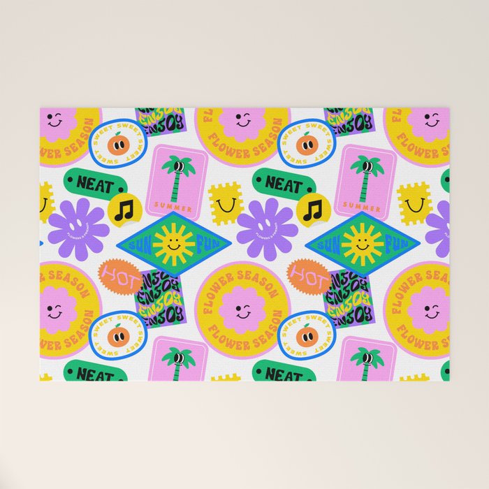Retro funny sticker label cartoon pattern Welcome Mat Gallery Image 1
