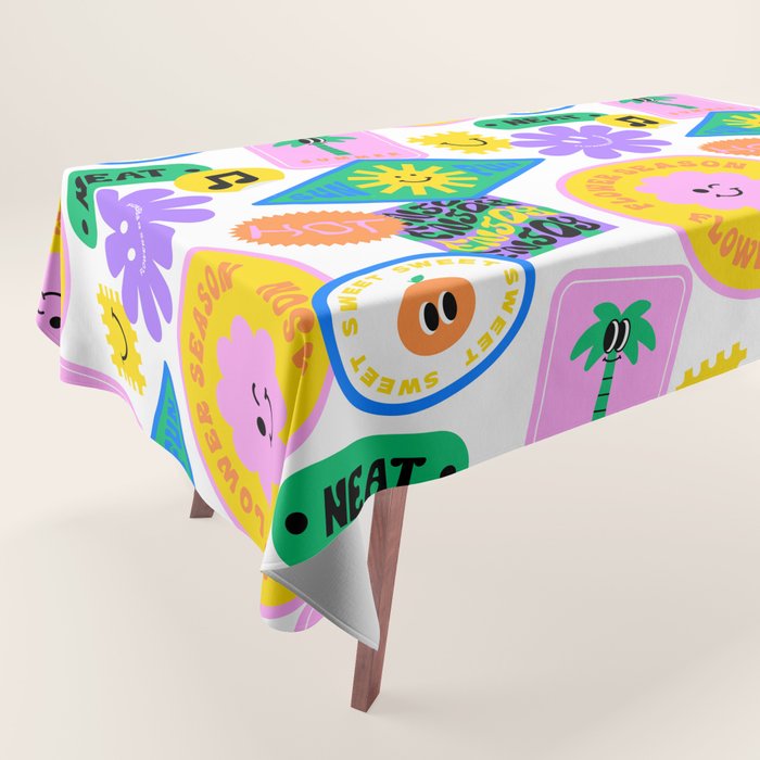 Retro funny sticker label cartoon pattern Tablecloth Gallery Image 1