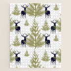 Christmas Trees and Deer, Pattern, Green and Blue Jigsaw Puzzle Gallery Image 1