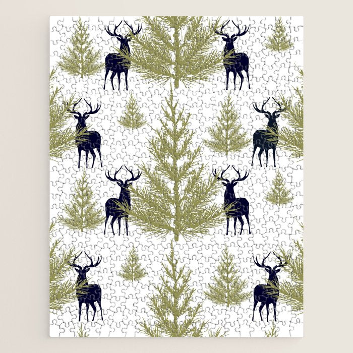 Christmas Trees and Deer, Pattern, Green and Blue Jigsaw Puzzle Gallery Image 1