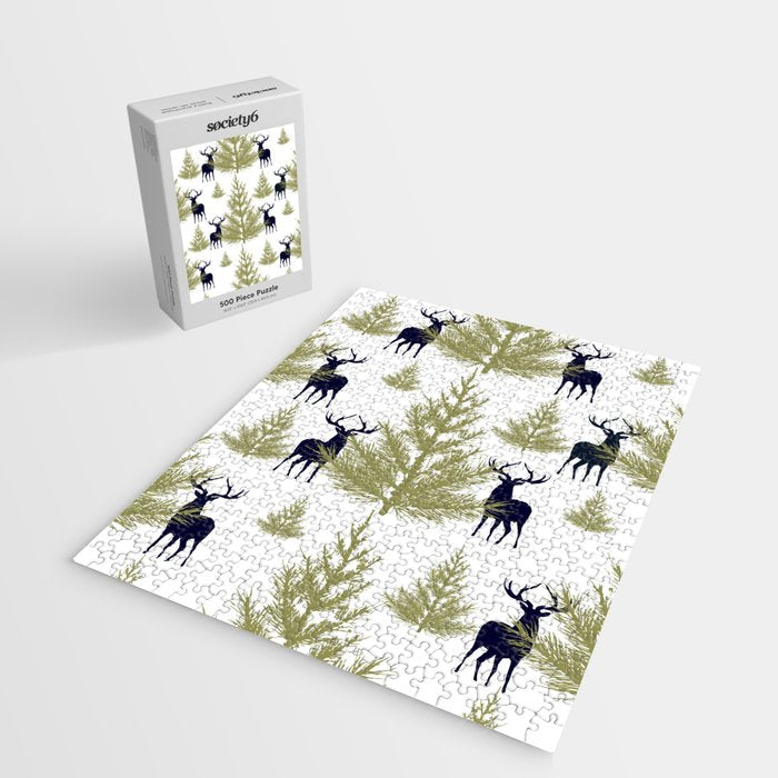 Christmas Trees and Deer, Pattern, Green and Blue Jigsaw Puzzle Gallery Image 2