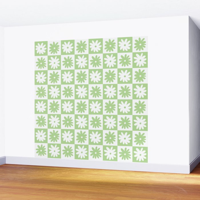 Green And White Checkered Flower Pattern Wall Mural Gallery Image 2