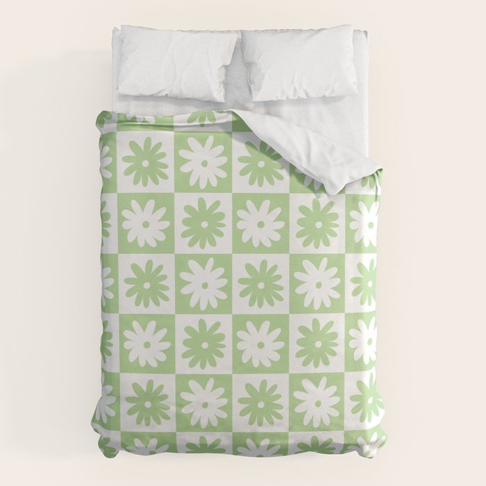 Green And White Checkered Flower Pattern Duvet Cover Gallery Image 1