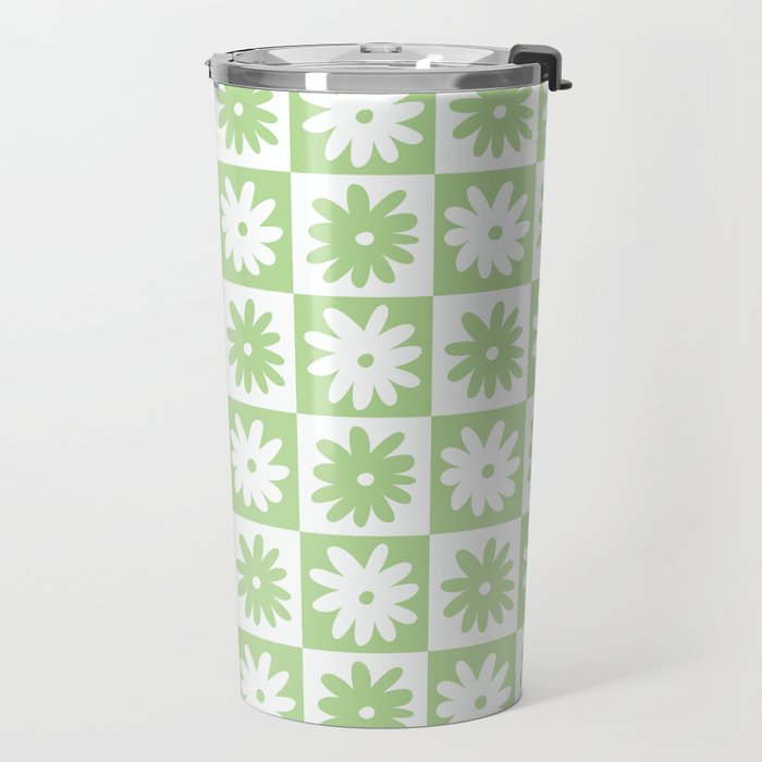 Green And White Checkered Flower Pattern Travel Mug Gallery Image 2