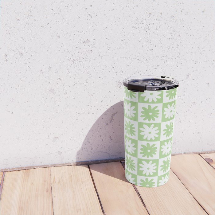 Green And White Checkered Flower Pattern Travel Mug Gallery Image 4