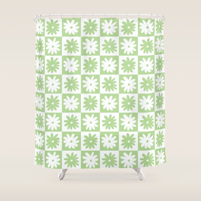 Green And White Checkered Flower Pattern Shower Curtain Gallery Image 1