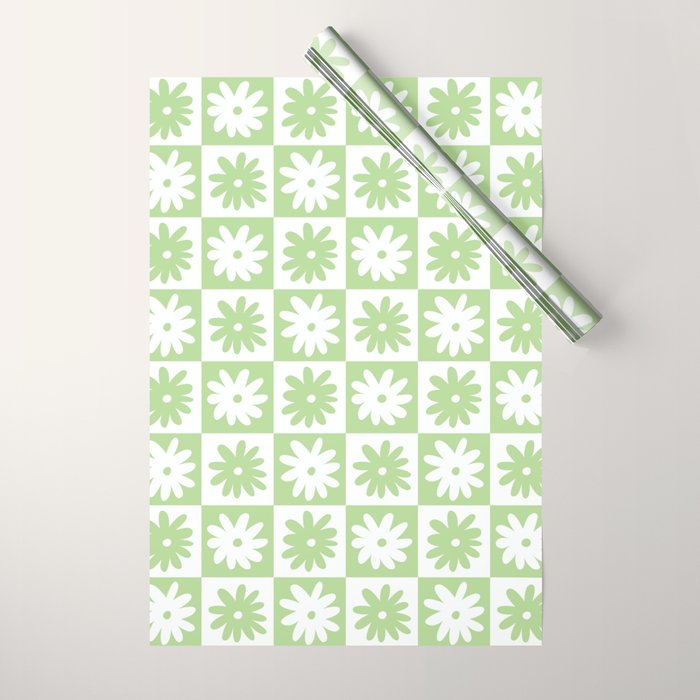 Green And White Checkered Flower Pattern Wrapping Paper Gallery Image 1