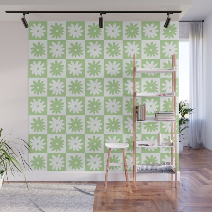 Green And White Checkered Flower Pattern Wall Mural Gallery Image 1