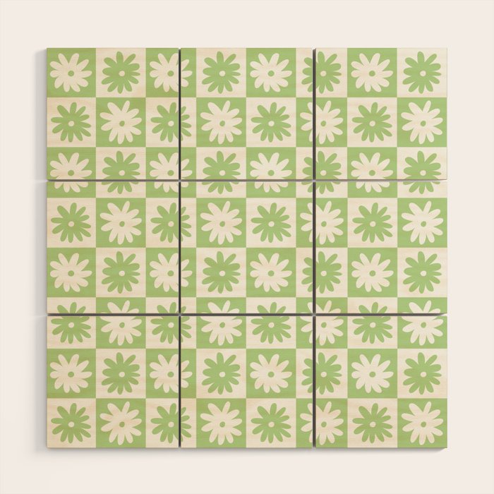 Green And White Checkered Flower Pattern Wood Wall Art Gallery Image 1