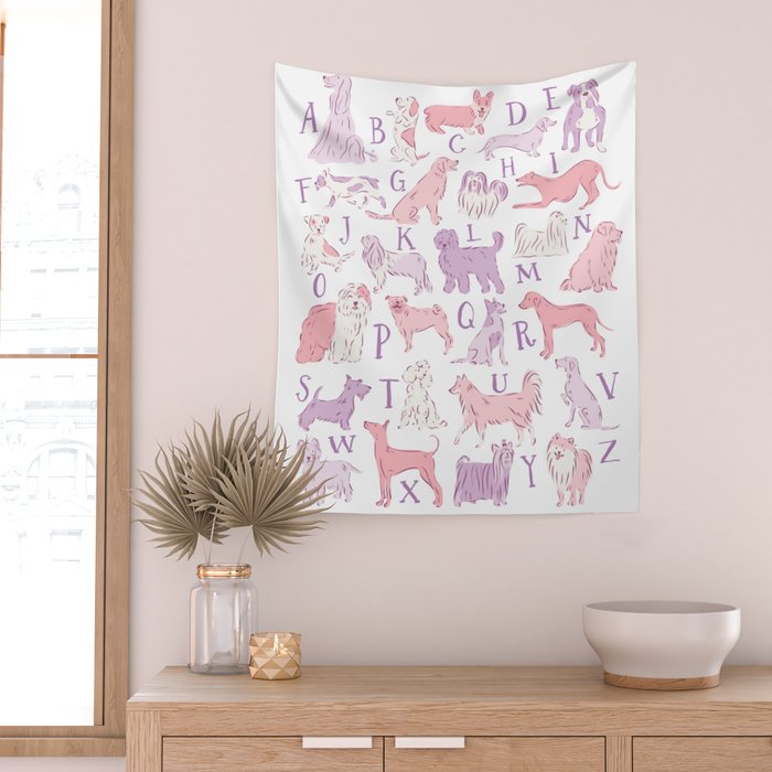 Dogs ABC Alphabet Print for Kids Room in Pink and Purple Wall Tapestry Gallery Image 2
